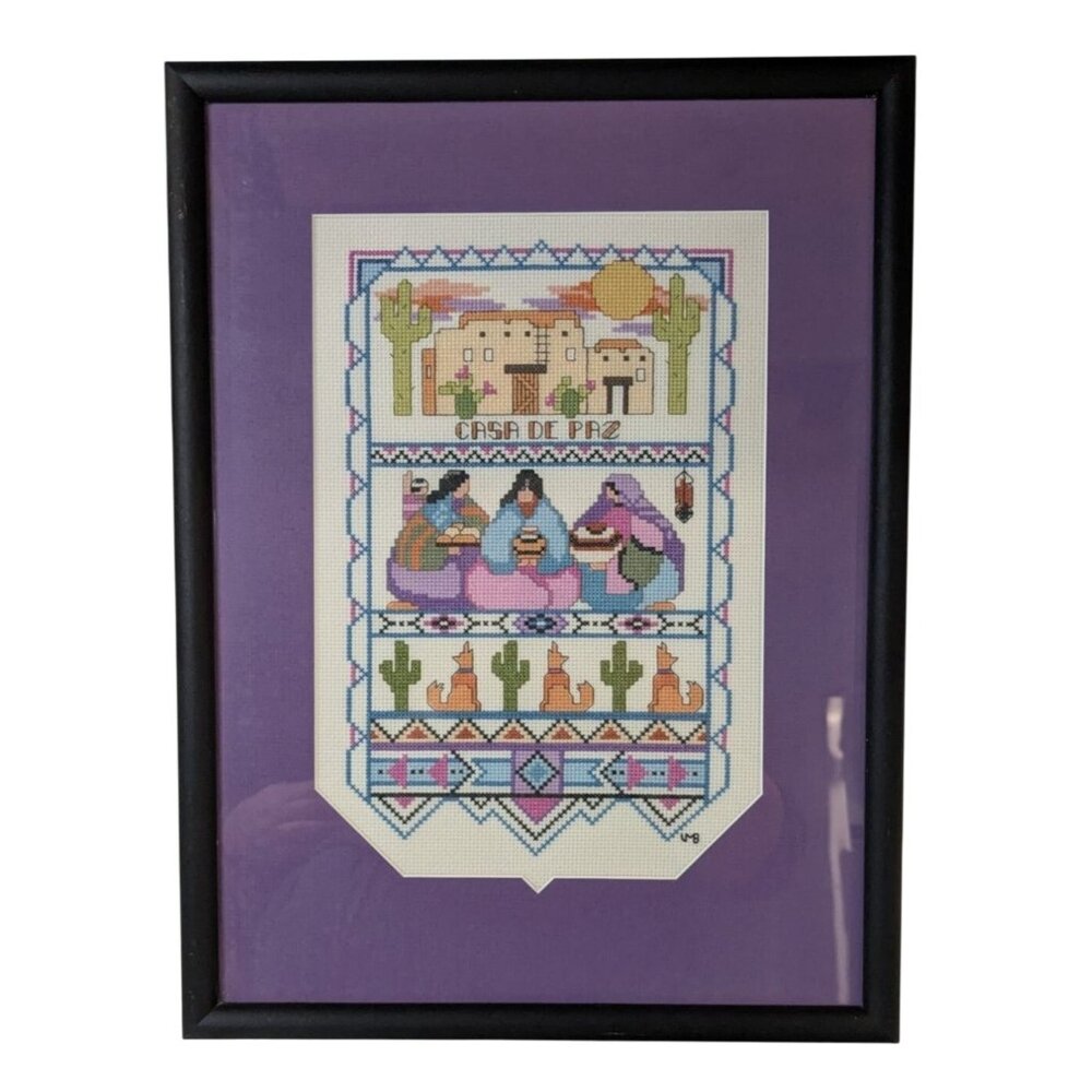 Framed Casa De Paz Cross-Stitch Art by Pitter Patterns J.M. Keeling Border Sampl